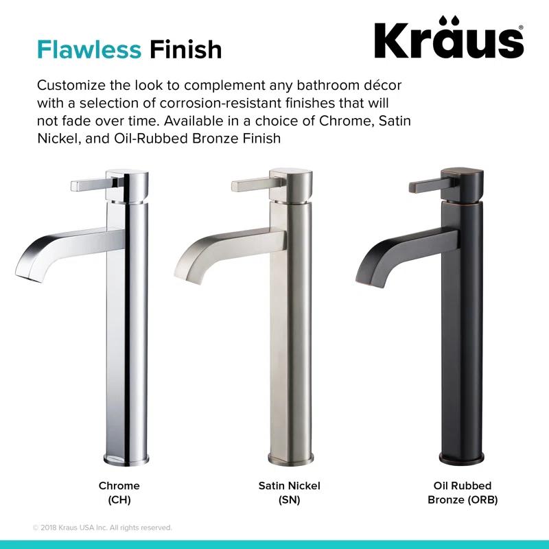 Kraus Ramus Vessel Mixer Single-Handle Bathroom Faucet with Matching Pop-Up Drain