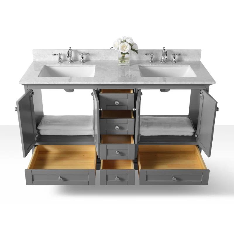 Sapphire Gray Solid Wood Double Vanity with Carrara Marble Top