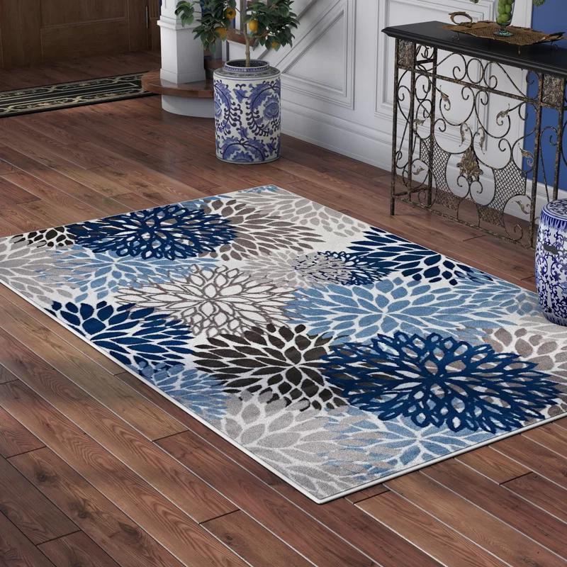 Calithea Vintage Abstract Floral Blue Synthetic Area Rug 63x90.5"