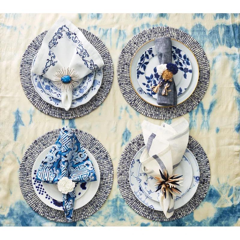 White and Navy Embroidered Linen Napkin Set