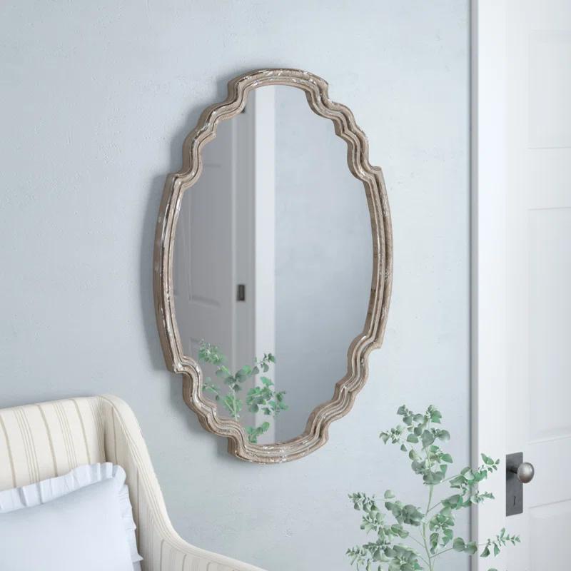 Alix Transitional Beige Rectangular Wood Mirror with Silver Accents