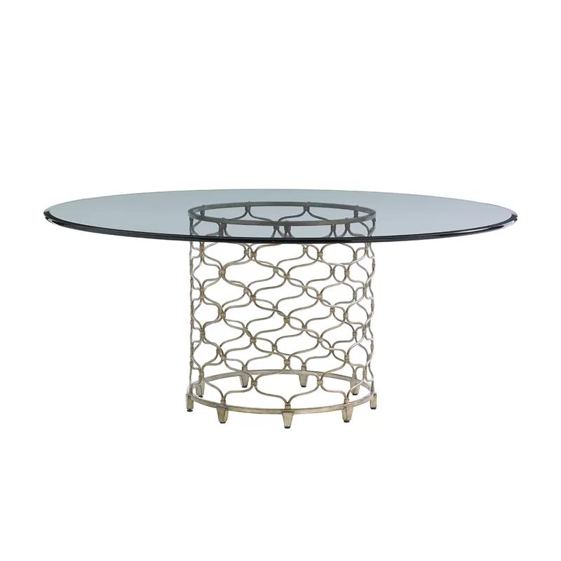 Contemporary Bollinger 72" Round Glass Dining Table with Silver Leaf Base