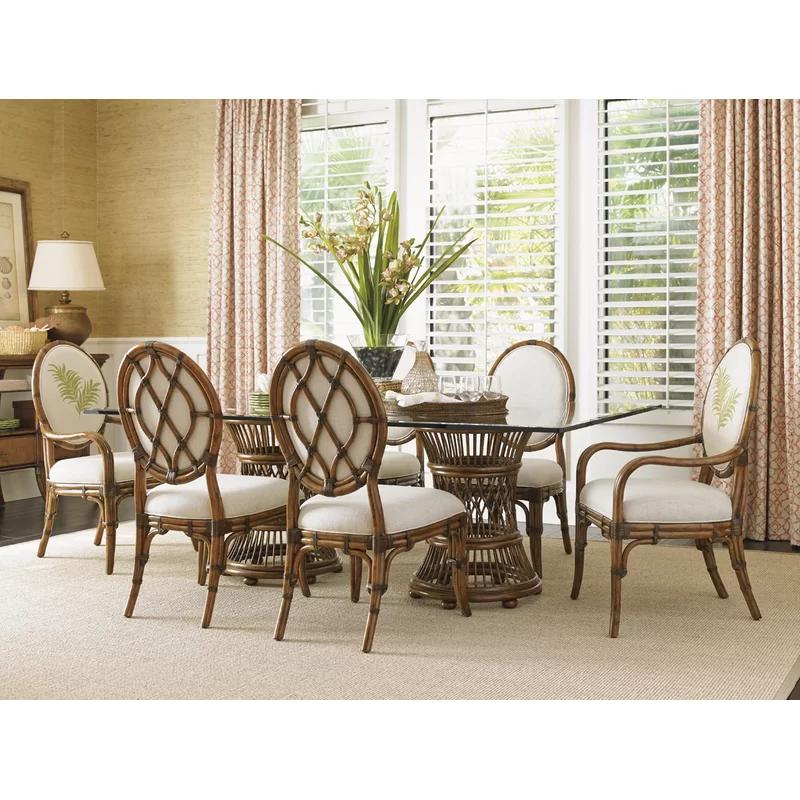 Elegant Aruba Transitional Glass Dining Table with Leather-Wrapped Rattan Base