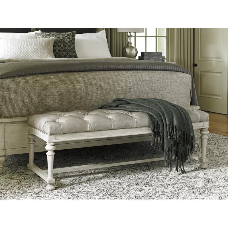 Bellport 20'' Gray Aniline Leather Tufted Bed Bench with Turned Legs