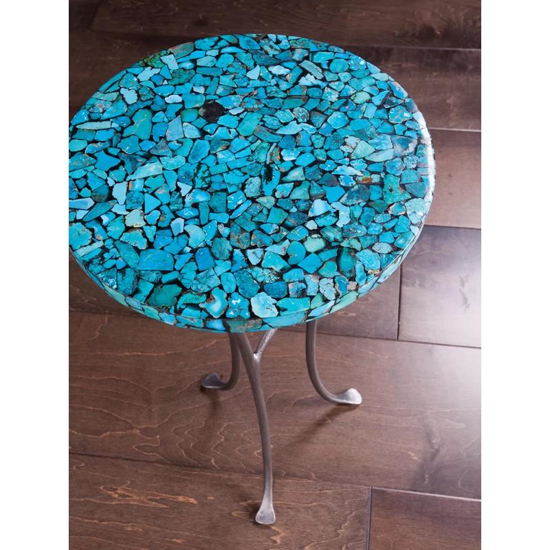 Transitional Pewter Iron Base Round Table with Turquoise Resin Top