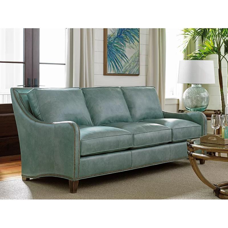 Seaglass Genuine Leather Sofa with Down Fill and Nailhead Accents