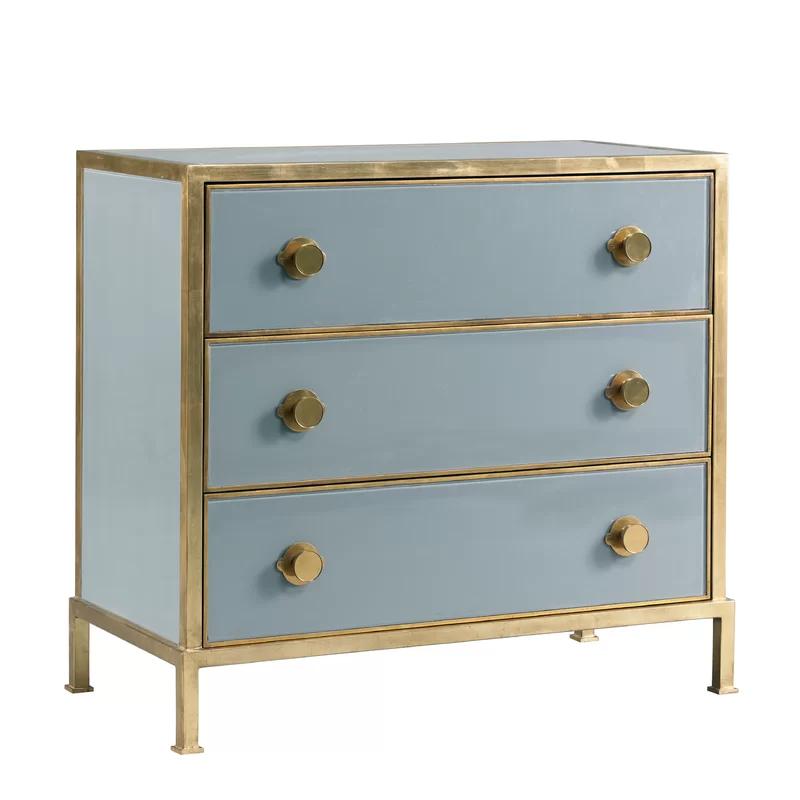 Essex Aged Brass 3-Drawer Accent Chest in Blue and Brown