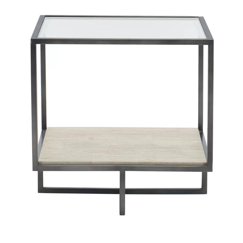 Transitional Bronzed Metal & White Stone Square End Table
