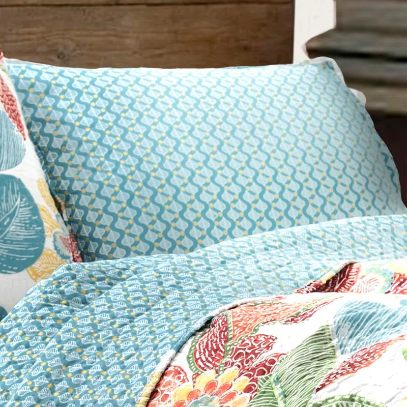 Sunrise Medley Orange & Blue Reversible Cotton Quilt Set - Full/Queen