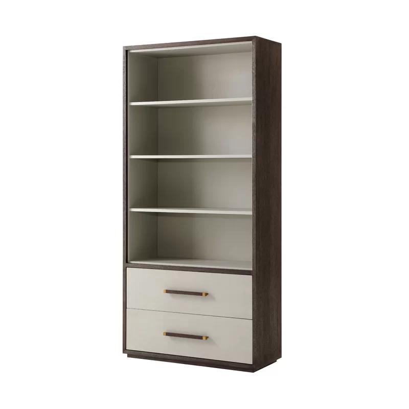 Cardamon Brushed Brass Contemporary 38" Bookcase with Leather Drawers