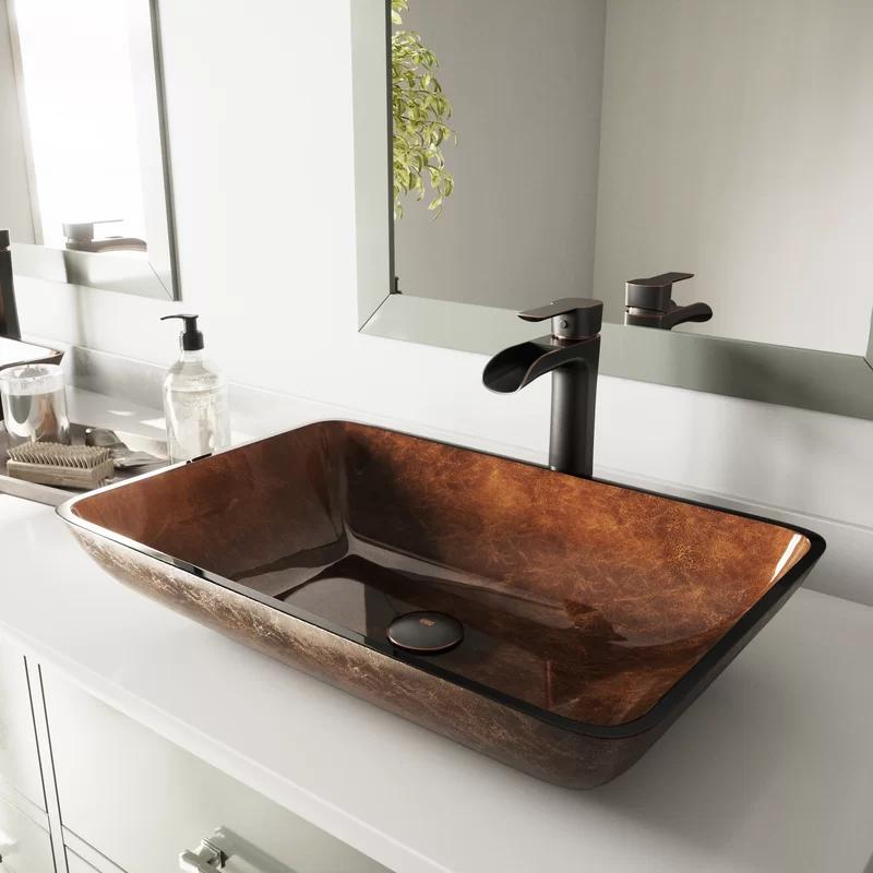 Russet Brown Tempered Glass Vessel Bathroom Sink with Antique Bronze Faucet