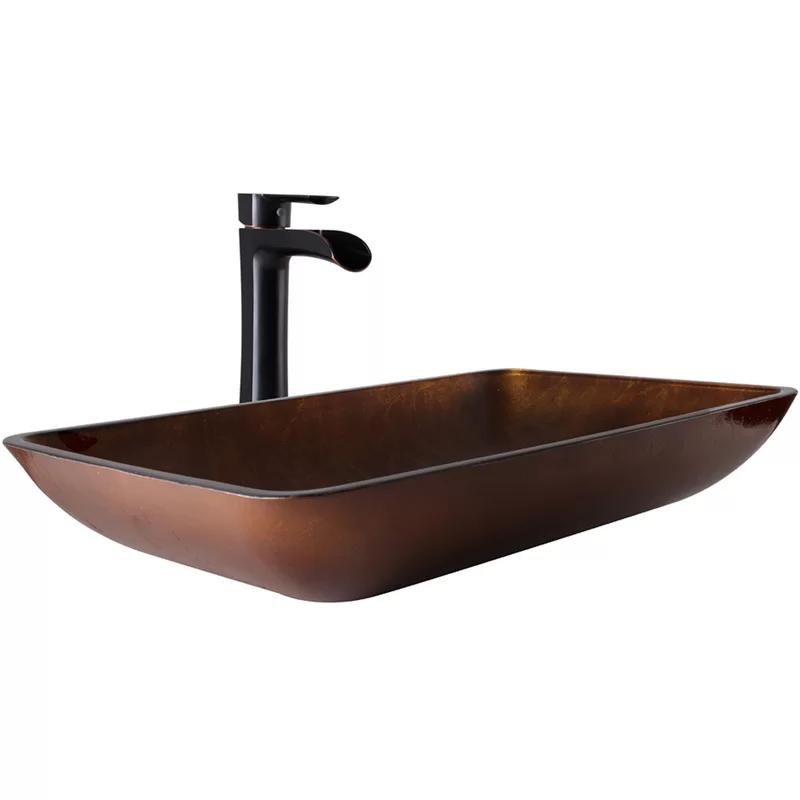 Russet Brown Tempered Glass Vessel Bathroom Sink with Antique Bronze Faucet