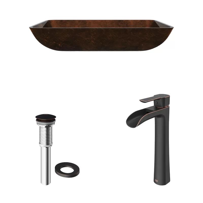 Russet Brown Tempered Glass Vessel Bathroom Sink with Antique Bronze Faucet