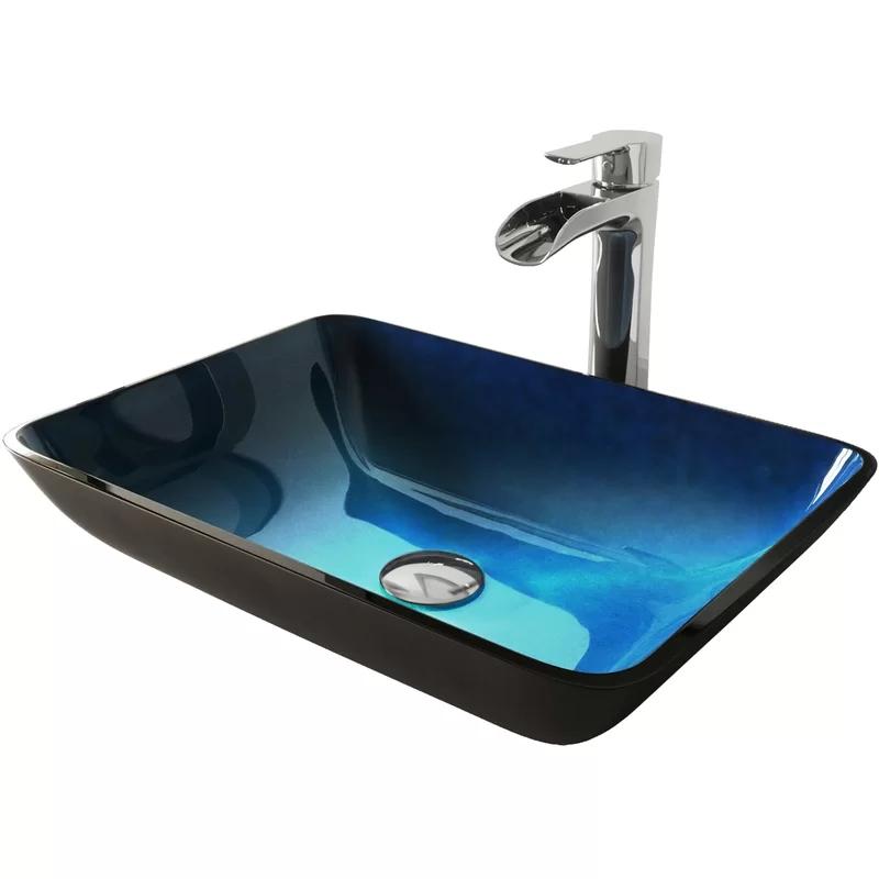 Turquoise Blue Glass Vessel Bathroom Sink with Chrome Faucet