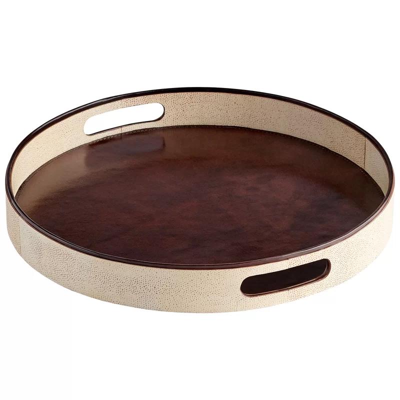 Beige and Brown Round Wood Leather Tray