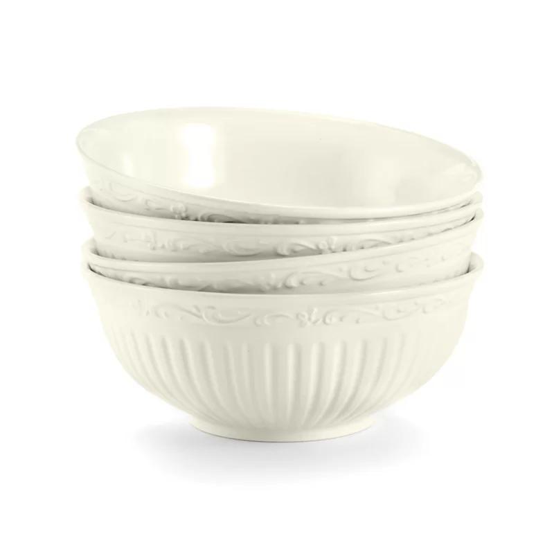 Italian Countryside White Ceramic Ridged Bowls, Set of Four