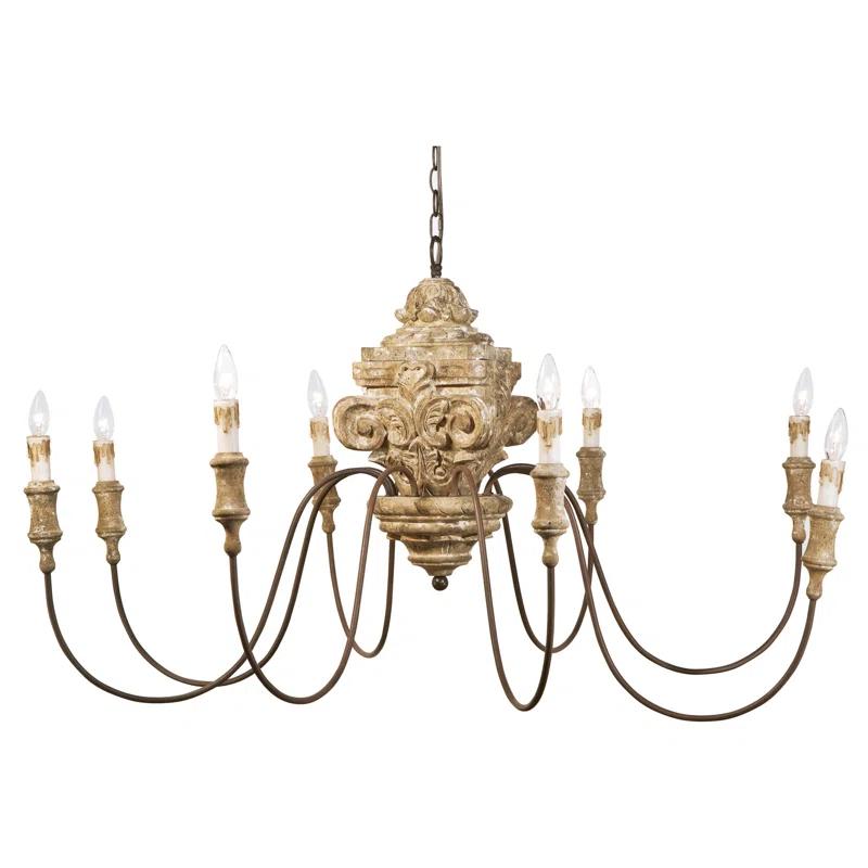 Antique Natural Wood Carved 8-Light Chandelier