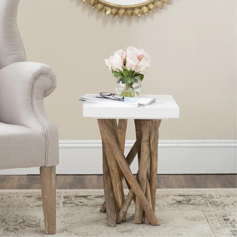 Transitional Hartwick 15'' White Square Side Table with Reclaimed Teak Legs