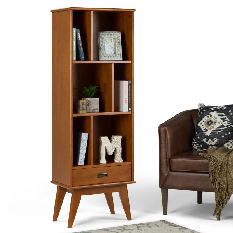 Simpli Home Draper 22"W Solid Hardwood 6 Shelf Compartment Mid-Century Modern Bookcase with Drawer