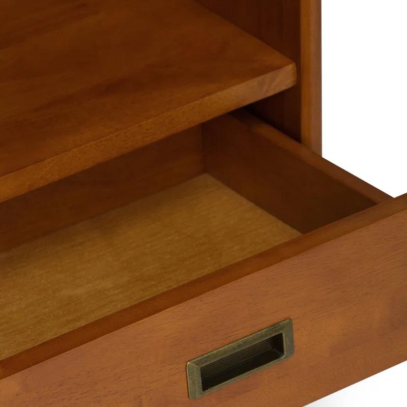Simpli Home Draper 35"W Solid Hardwood 6 Shelf Compartment Mid-Century Modern Wide Bookcase with 2 Drawers
