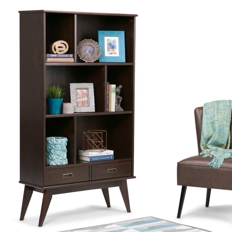 Simpli Home Draper 35"W Solid Hardwood 6 Shelf Compartment Mid-Century Modern Wide Bookcase with 2 Drawers