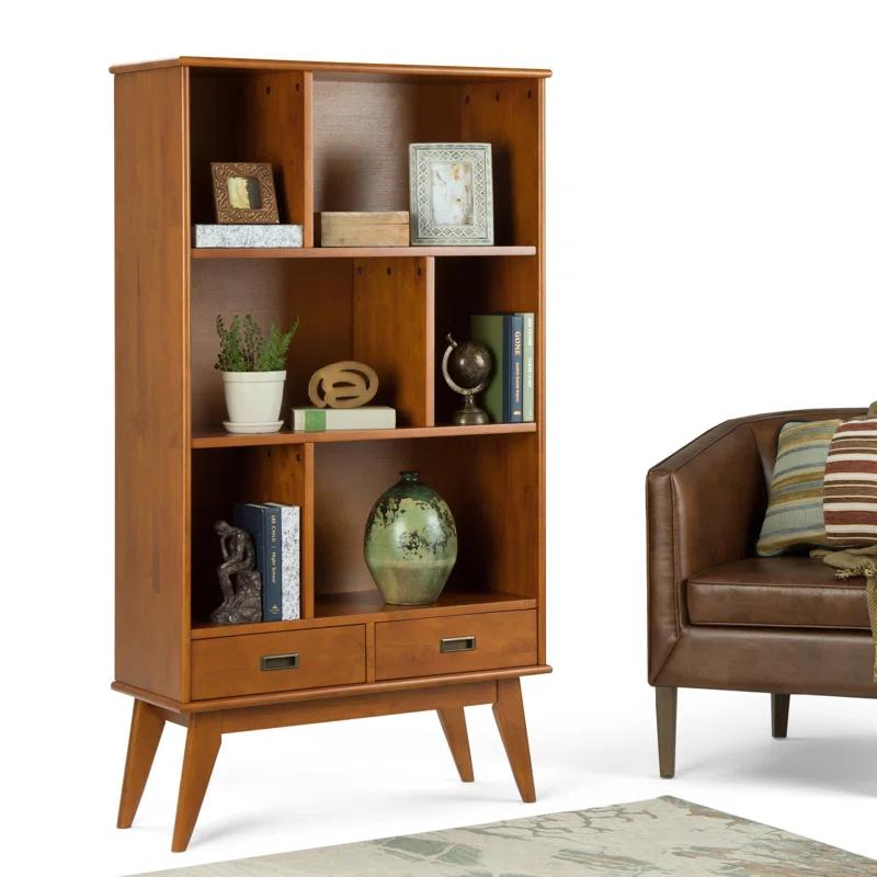 Simpli Home Draper 35"W Solid Hardwood 6 Shelf Compartment Mid-Century Modern Wide Bookcase with 2 Drawers