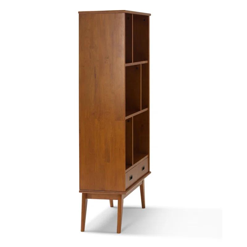 Simpli Home Draper 35"W Solid Hardwood 6 Shelf Compartment Mid-Century Modern Wide Bookcase with 2 Drawers