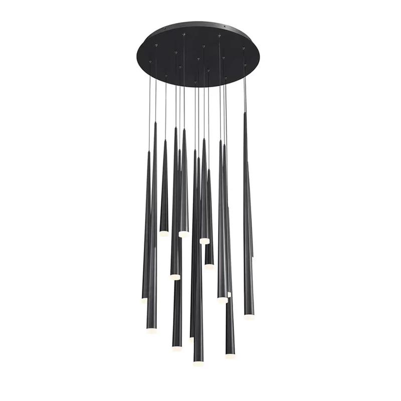 Cascade Matte Black 15-Light LED Tiered Chandelier with Frosted Glass