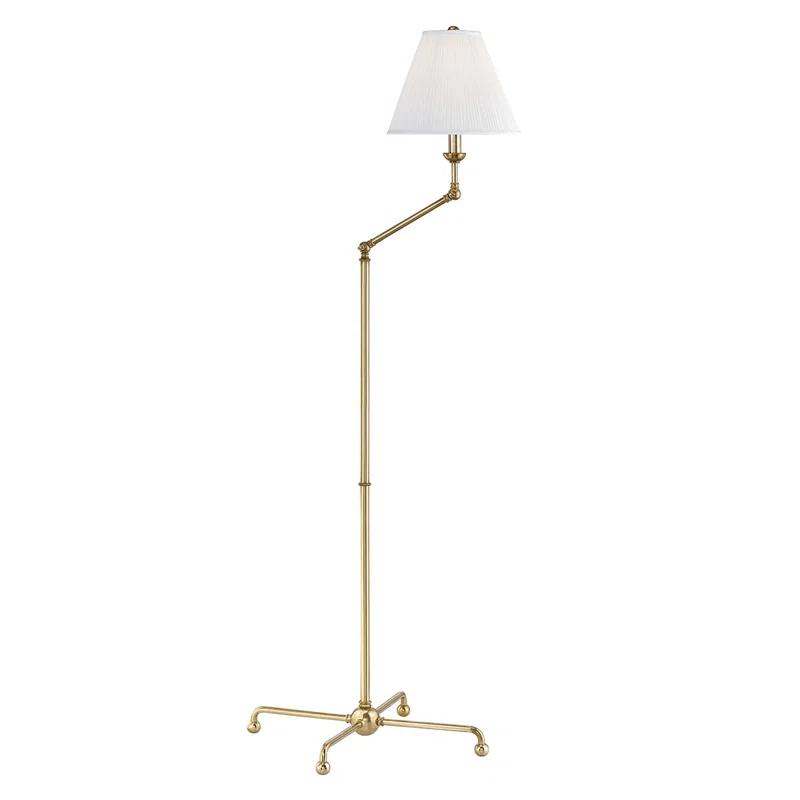 Adjustable Aged Brass Arc Floor Lamp with Off-White Silk Shade