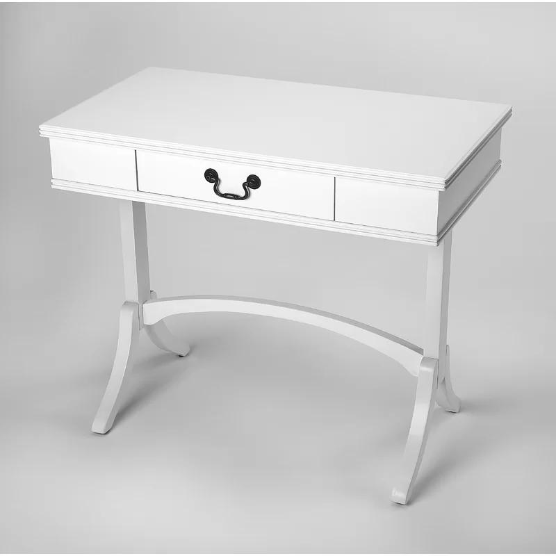 Elegant White Acacia and Pine Writing Desk with Antique Brass Drawer