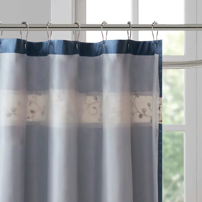 Monroe Embroidered Floral Shower Curtain Navy - Madison Park: 100% Polyester, Faux Silk, Machine Washable