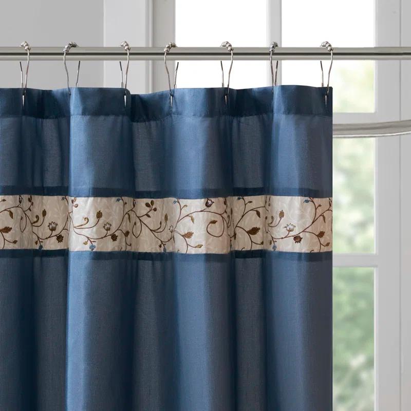 Monroe Embroidered Floral Shower Curtain Navy - Madison Park: 100% Polyester, Faux Silk, Machine Washable