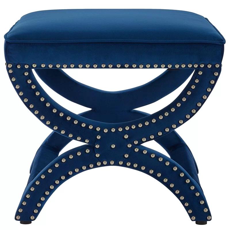 Navy Blue Tufted Velvet Footstool with Nailhead Trim