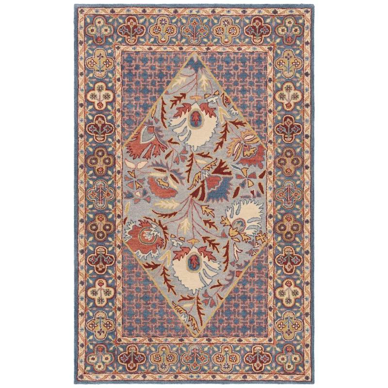 Elysian Blue and Red Hand-Tufted Wool Area Rug, 6' x 9'