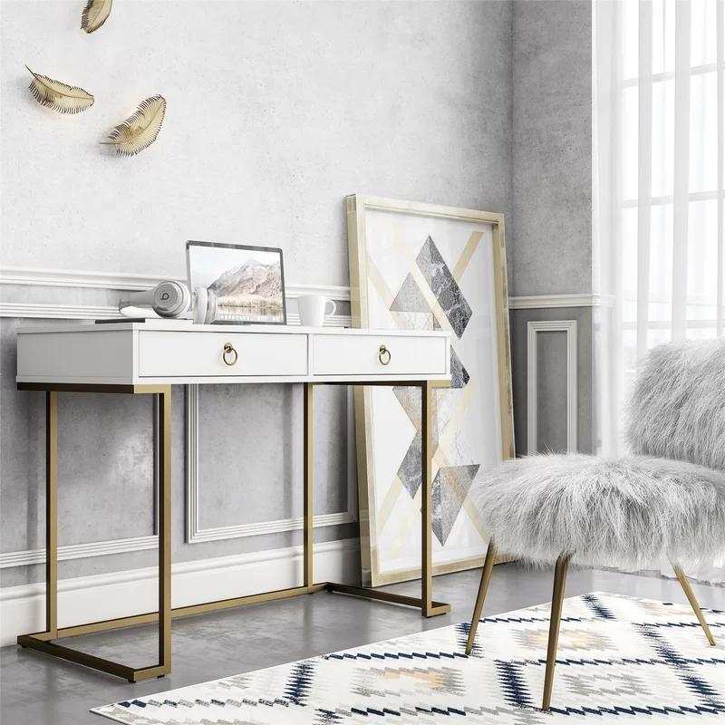 Camila White 44" Modern Writing Desk with Gold Accents & Wireless Charging