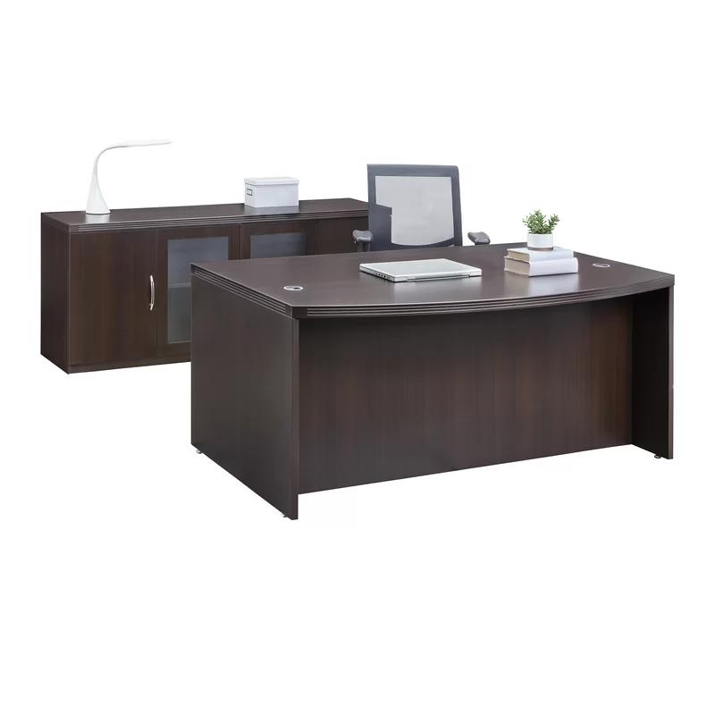 Mocha Wood Executive Desk with Drawer and Nickel Accents