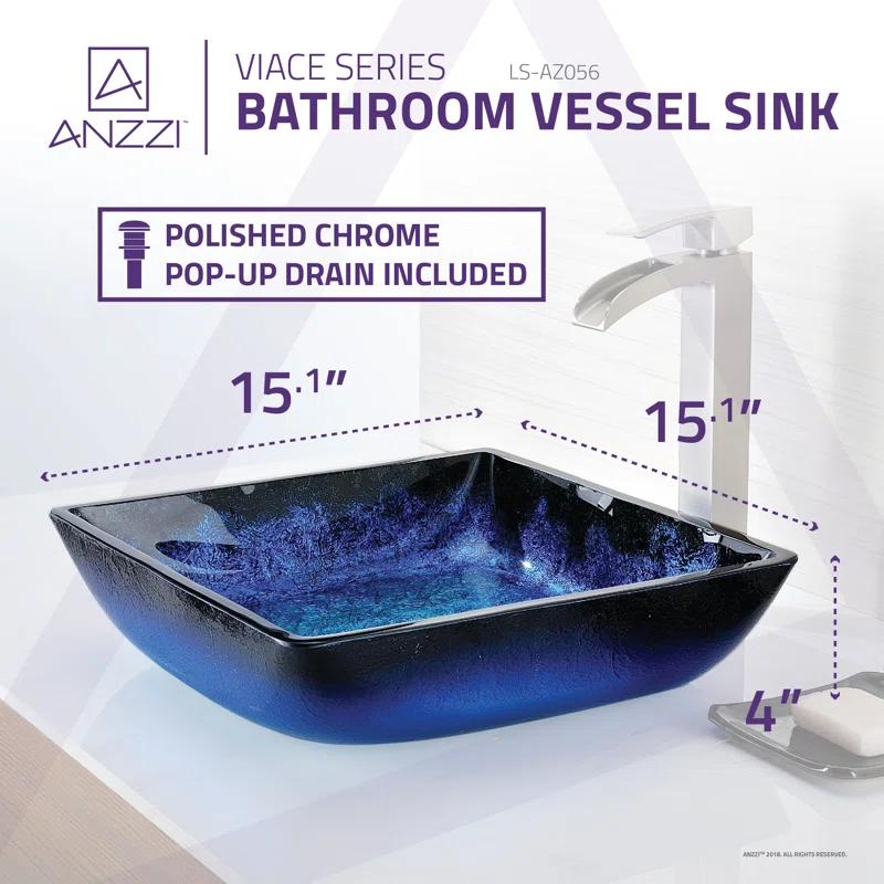 ANZZI Viace 15.13'' Blazing Blue Tempered Glass Square Bathroom Sink