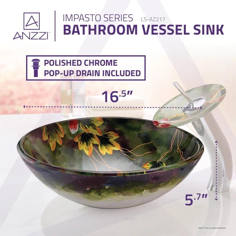 ANZZI Impasto 15.5'' Green Tempered Glass Circular Bathroom Sink with Faucet