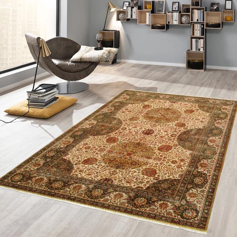 Ivory Floral Agra Hand-Knotted Wool Area Rug, 9'1" x 12'7"