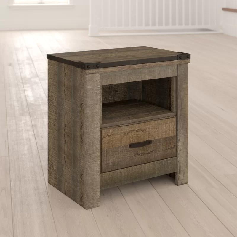 Rustic Charm Brown Nightstand with Built-in Charging Station