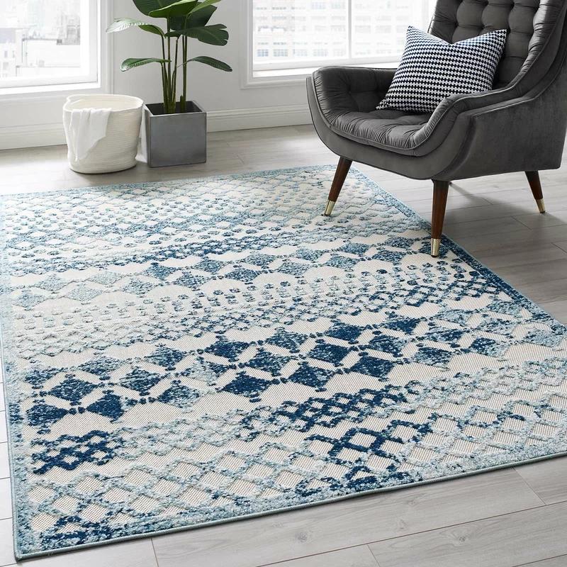 Ivory and Blue Distressed Moroccan Trellis 5'x8' Synthetic Area Rug
