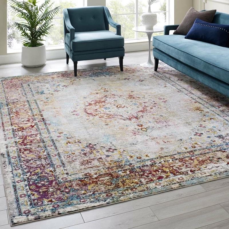 Multicolor Synthetic 4' x 6' Medallion Flat Woven Rug