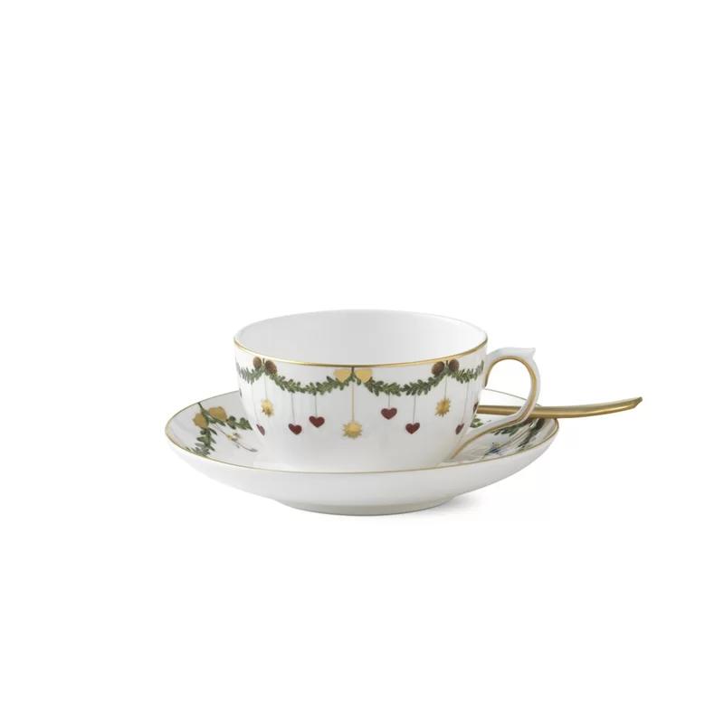 Nostalgic Cream-Colored Bone China Christmas Teacup & Saucer