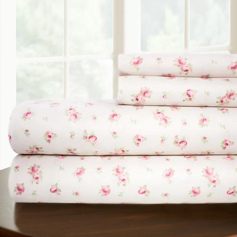 Ivory Floral Microfiber Full Sheet Set with Pillowcases