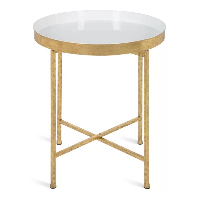 Celia Round White and Gold Metal Mirrored Side Table, 21"