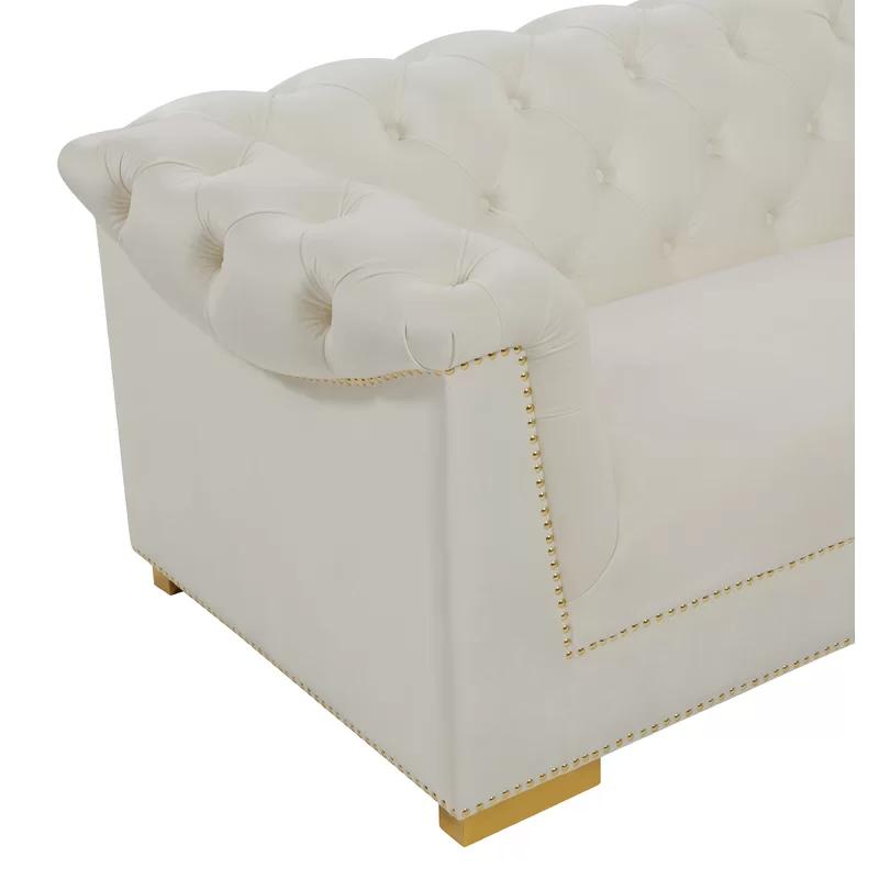 Farah Cream Velvet 92.1'' Tufted Sofa with Gold Nailhead Trim