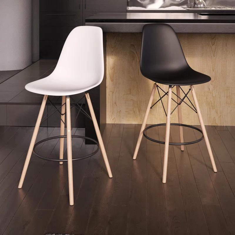 ErgoCurve Modern Black Acrylic Barstool with Wooden Legs, Set of 2