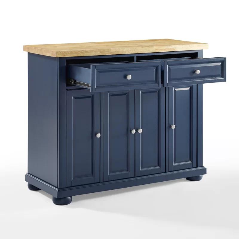 Navy Solid Wood Butcher Block Kitchen Island with Storage