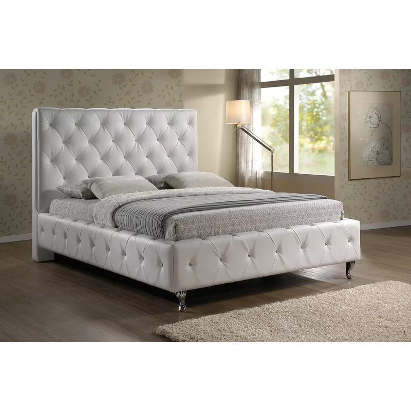Stella Crystal-Tufted White Faux Leather King Platform Bed