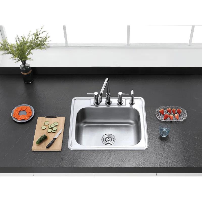 Kingston Brass Studio 25-Inch Stainless Steel Self-Rimming 4-Hole Single Bowl Drop-In Kitchen Sink